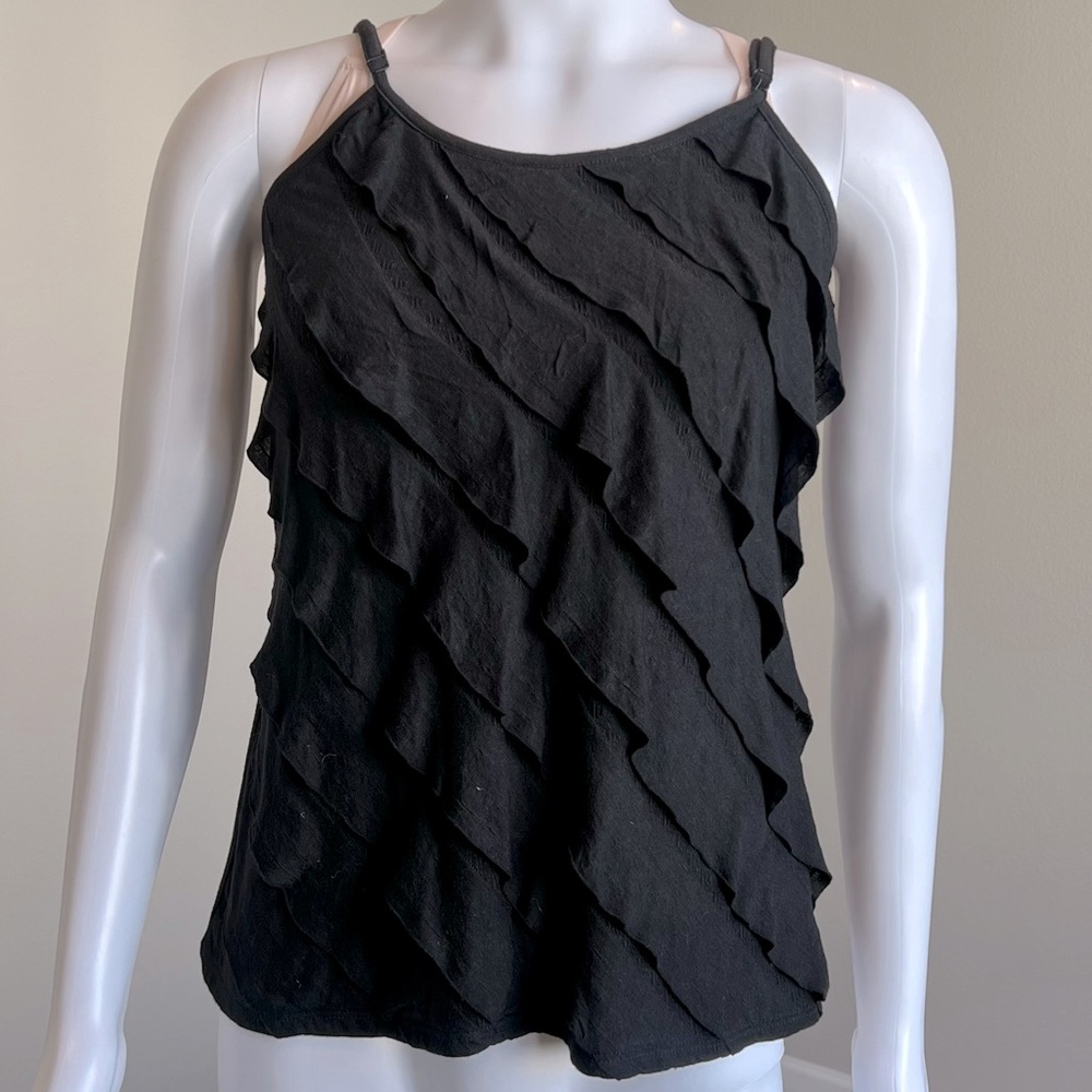 Black Diagonal Ruffle Spaghetti Tank
